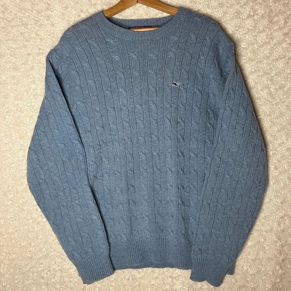 Vineyard Vines Mens Large Blue Wool Blend Cable Knit Crewneck Whale Logo Sweater